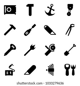 Solid vector icon set - safe vector, work, anchor, piston, hammer, chisel, knife, plumber, screw, wood drill, Angular grinder, shovel, welding, allen key set, fork toy
