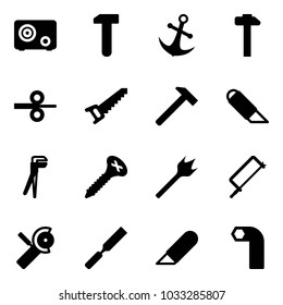 Solid vector icon set - safe vector, work, anchor, hammer, steel rolling, saw, knife, plumber, screw, wood drill, metal hacksaw, Angular grinder, rasp, allen key