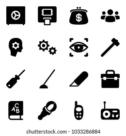Solid vector icon set - safe vector, atm, purse, group, brain work, gear, eye scanner, sledgehammer, screwdriver, hoe, knife, tool box, abc book, beanbag, phone toy, radio