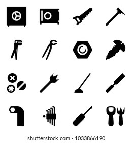 Solid vector icon set - safe vector, saw, mason hammer, plumber, nut, screw, rivet, wood drill, hoe, rasp, allen key, set, awl, shovel fork toy