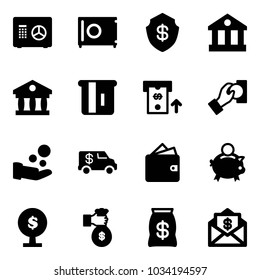 Solid vector icon set - safe vector, bank, atm, cash pay, encashment car, wallet, piggy, money tree, rich, bag, mail dollar