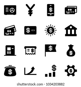 Solid vector icon set - safe vector, yen, mobile payment, credit card, dollar sun, bank, atm, receipt, flag, money bag, purse, growth arrow, chart, managemet