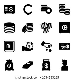 Solid vector icon set - safe vector, cent, coin, big cash, investment, check, money bag, gold, king