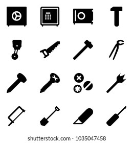 Solid vector icon set - safe vector, work, piston, saw, sledgehammer, plumber, nail, screw, rivet, wood drill, metal hacksaw, shovel, knife, awl