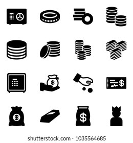 Solid vector icon set - safe vector, coin, big cash, investment, check, money bag, gold, king