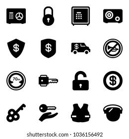 Solid vector icon set - safe vector, lock, encashment car, no horn road sign, limited distance, key, unlocked, dollar, hand, life vest, protect glass