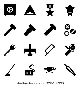 Solid vector icon set - safe vector, artificial unevenness road sign, star medal, nail, bolt, screw, rivet, wood drill, milling cutter, metal hacksaw, Angular grinder, hoe, welding, pipe, forceps