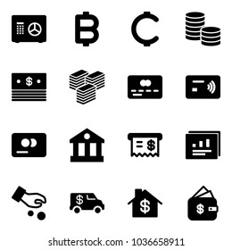 Solid vector icon set - safe vector, bitcoin, cent, coin, dollar, big cash, credit card, tap pay, bank, receipt, statistics report, investment, encashment car, home, finance management