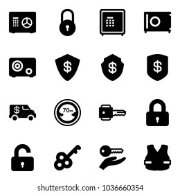 Solid vector icon set - safe vector, lock, encashment car, limited distance road sign, key, locked, unlocked, hand, life vest