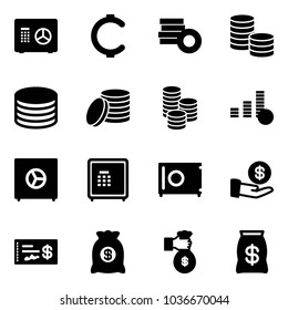 Solid vector icon set - safe vector, cent, coin, investment, check, money bag, rich