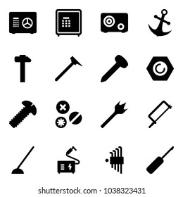 Solid vector icon set - safe vector, anchor, hammer, mason, nail, nut, screw, rivet, wood drill, metal hacksaw, hoe, welding, allen key set, awl