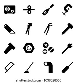 Solid vector icon set - safe vector, steel rolling, chisel, clamp, work knife, plumber, nail, bolt, nut, rivet, wood drill, metal hacksaw, hoe, allen key, awl