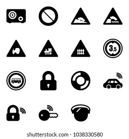Solid vector icon set - safe vector, prohibition road sign, steep descent, embankment, tractor way, railway intersection, limited height, no bus, locked, lifebuoy, car wireless, lock, key