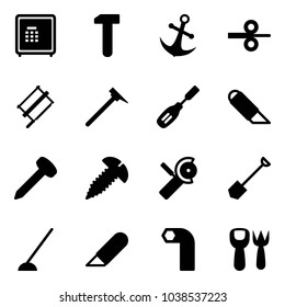 Solid vector icon set - safe vector, work, anchor, steel rolling, bucksaw, mason hammer, chisel, knife, nail, screw, Angular grinder, shovel, hoe, allen key, fork toy