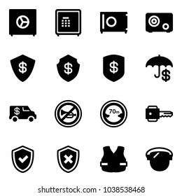 Solid vector icon set - safe vector, insurance, encashment car, no horn road sign, limited distance, key, shield check, cross, life vest, protect glass