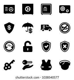 Solid vector icon set - safe vector, insurance, encashment car, no horn road sign, limited distance, unlocked, shield check, cross, key, hand, life vest, protect glass