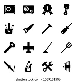 Solid vector icon set - safe vector, gold medal, piston, casting of steel, saw, mason hammer, screwdriver, screw, milling cutter, hoe, farm fork, soldering iron, winch, wrench, allen key set