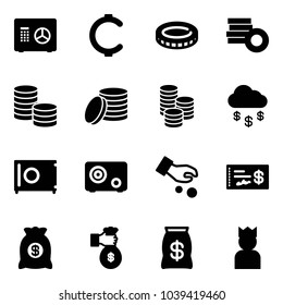 Solid vector icon set - safe vector, cent, coin, money rain, investment, check, bag, rich, king
