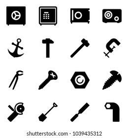 Solid vector icon set - safe vector, anchor, hammer, sledgehammer, clamp, plumber, screw, nut, Angular grinder, shovel, rasp, allen key