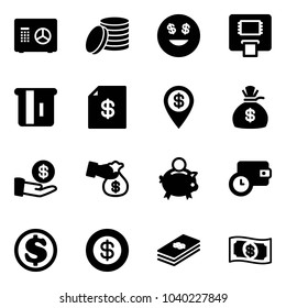 Solid vector icon set - safe vector, coin, dollar smile, atm, account statement, pin, money bag, investment, encashment, piggy bank, wallet time
