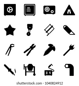 Solid vector icon set - safe vector, Road narrows sign, star medal, piston, bucksaw, work knife, plumber, bolt cutter, screw, wood drill, soldering iron, cocncrete mixer, welding, allen key