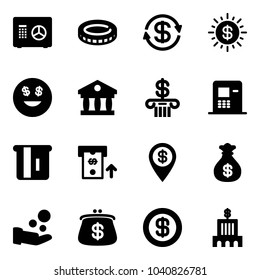 Solid vector icon set - safe vector, coin, dollar exchange, sun, smile, bank, atm, pin, money bag, cash pay, purse, building