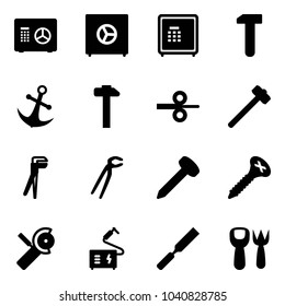 Solid vector icon set - safe vector, work, anchor, hammer, steel rolling, sledgehammer, plumber, nail, screw, Angular grinder, welding, rasp, shovel fork toy