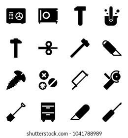 Solid vector icon set - safe vector, work, casting of steel, hammer, rolling, sledgehammer, knife, screw, rivet, metal hacksaw, Angular grinder, shovel, tool cabinet, awl