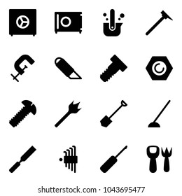 Solid vector icon set - safe vector, casting of steel, mason hammer, clamp, work knife, bolt, nut, screw, wood drill, shovel, hoe, rasp, allen key set, awl, fork toy