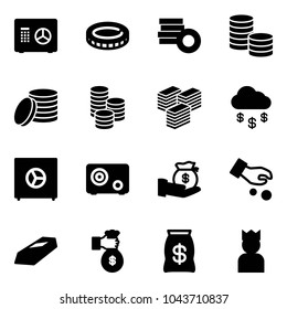 Solid vector icon set - safe vector, coin, big cash, money rain, investment, gold, rich, bag, king