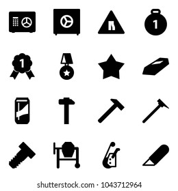 Solid vector icon set - safe vector, Road narrows sign, gold medal, star, drink, hammer, mason, bolt, cocncrete mixer, winch, work knife