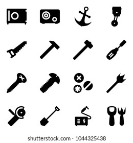 Solid vector icon set - safe vector, anchor, piston, saw, hammer, sledgehammer, chisel, screw, rivet, wood drill, Angular grinder, shovel, welding, fork toy
