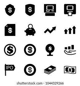 Solid vector icon set - safe vector, atm, account statement, piggy bank, growth arrow, arrows up, dollar, money tree, ipo