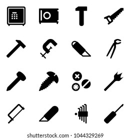 Solid vector icon set - safe vector, work, saw, hammer, clamp, knife, plumber, nail, screw, rivet, wood drill, metal hacksaw, allen key set, awl