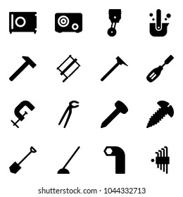 Solid vector icon set - safe vector, piston, casting of steel, hammer, bucksaw, mason, chisel, clamp, plumber, nail, screw, shovel, hoe, allen key, set