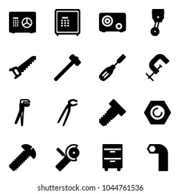 Solid vector icon set - safe vector, piston, saw, sledgehammer, chisel, clamp, plumber, bolt, nut, screw, Angular grinder, tool cabinet, allen key