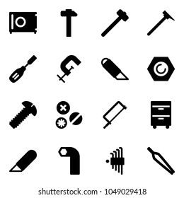 Solid vector icon set - safe vector, hammer, sledgehammer, mason, chisel, clamp, work knife, nut, screw, rivet, metal hacksaw, tool cabinet, allen key, set, forceps