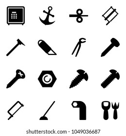 Solid vector icon set - safe vector, anchor, steel rolling, bucksaw, mason hammer, work knife, plumber, nail, screw, nut, metal hacksaw, hoe, allen key, shovel fork toy
