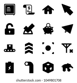 Solid vector icon set - safe vector, account history, home, cursor, unlocked, check, piggy bank, paper fly, conveyor, chevron, record button, no signal, battery, allen key, cube toy, elephant wheel