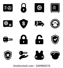 Solid vector icon set - safe vector, lock, encashment car, limited distance road sign, key, locked, unlocked, shield check, cross, hand, life vest, protect glass