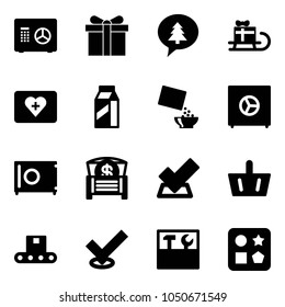 Solid vector icon set - safe vector, gift, merry christmas message, sleigh, first aid kit, milk, cereal, money chest, check, basket, conveyor, tool box, cube hole toy