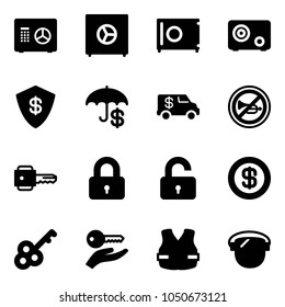 Solid vector icon set - safe vector, insurance, encashment car, no horn road sign, key, locked, unlocked, dollar, hand, life vest, protect glass