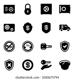 Solid vector icon set - safe vector, lock, encashment car, no horn road sign, limited distance, key, shield check, cross, dollar, hand, protect glass