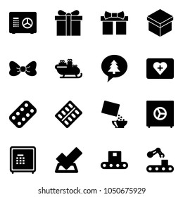 Solid vector icon set - safe vector, gift, bow, santa sleigh, merry christmas message, first aid kit, pills blister, cereal, check, conveyor