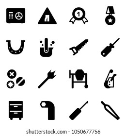 Solid vector icon set - safe vector, Road narrows sign, gold medal, star, luck, casting of steel, saw, screwdriver, rivet, wood drill, cocncrete mixer, winch, tool cabinet, allen key, awl, forceps