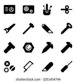 Solid vector icon set - safe vector, casting of steel, rolling, saw, sledgehammer, work knife, screw, bolt, nut, rivet, metal hacksaw, awl