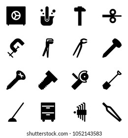 Solid vector icon set - safe vector, casting of steel, hammer, rolling, clamp, plumber, nail, screw, bolt, Angular grinder, shovel, hoe, tool cabinet, allen key set, forceps