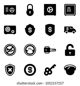 Solid vector icon set - safe vector, lock, encashment car, no horn road sign, limited distance, key, unlocked, shield cross, dollar, protect glass
