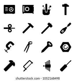 Solid vector icon set - safe vector, casting of steel, hammer, rolling, sledgehammer, chisel, clamp, plumber, screw, nut, metal hacksaw, allen key set, awl