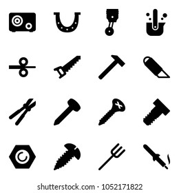 Solid vector icon set - safe vector, luck, piston, casting of steel, rolling, saw, hammer, work knife, bolt cutter, nail, screw, nut, farm fork, soldering iron
